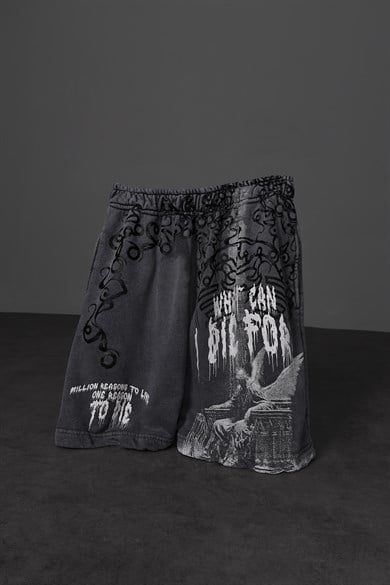 Erkek Antrasit What Can İ Die For Yıkama Efektli Diz Üstü Şort