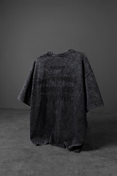 Erkek Antrasit Whats Your Weapon? Nakışlı Özel Yıkamalı Oversize Tshirt