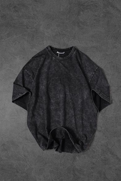 Erkek Antrasit Whats Your Weapon? Nakışlı Özel Yıkamalı Oversize Tshirt