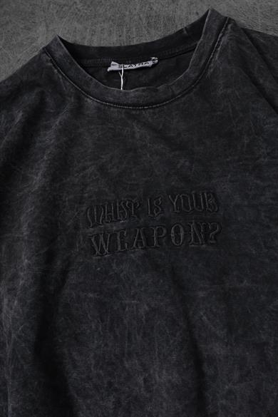 Erkek Antrasit Whats Your Weapon? Nakışlı Özel Yıkamalı Oversize Tshirt