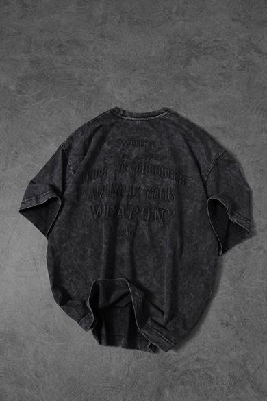 Erkek Antrasit Whats Your Weapon? Nakışlı Özel Yıkamalı Oversize Tshirt