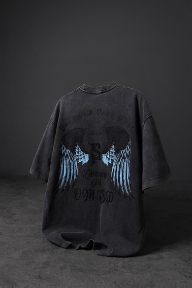 Erkek Antrasit Wings Özel Yıkamalı Kumaş Oversize Tshirt