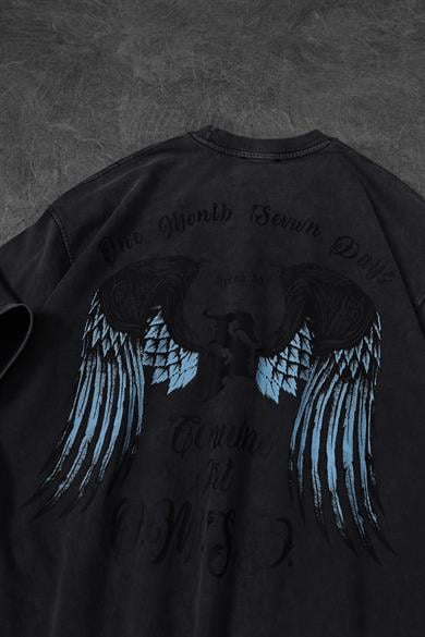 Erkek Antrasit Wings Özel Yıkamalı Kumaş Oversize Tshirt