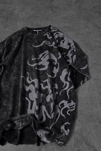 Erkek Antrasit Yazılı Yan Baskı Özel Yıkamalı Kumaş Oversize Tshirt