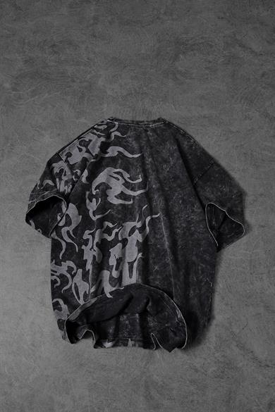 Erkek Antrasit Yazılı Yan Baskı Özel Yıkamalı Kumaş Oversize Tshirt