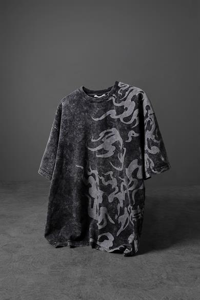 Erkek Antrasit Yazılı Yan Baskı Özel Yıkamalı Kumaş Oversize Tshirt