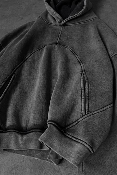 Erkek Antrasit Yıkamalı Kapüşonlu Oversize Sweatshirt