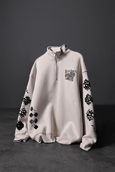 Erkek Bej Affect Flok Baskı Yarım Fermuar Oversize Sweatshirt