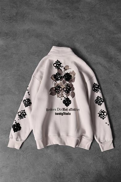 Erkek Bej Affect Flok Baskı Yarım Fermuar Oversize Sweatshirt