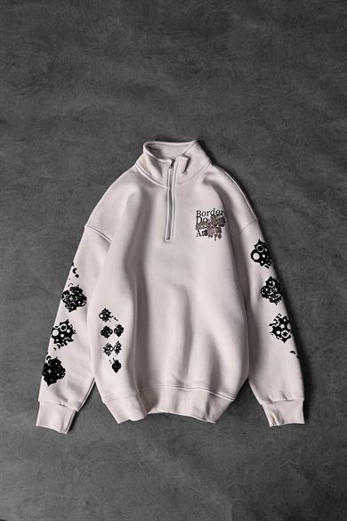 Erkek Bej Affect Flok Baskı Yarım Fermuar Oversize Sweatshirt