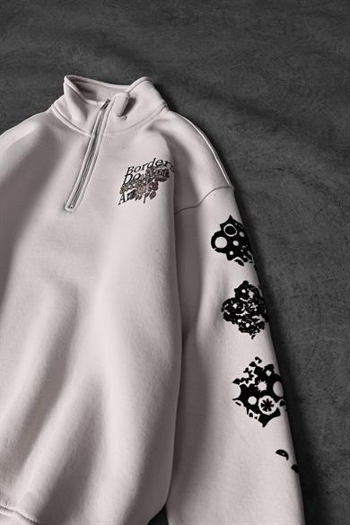 Erkek Bej Affect Flok Baskı Yarım Fermuar Oversize Sweatshirt