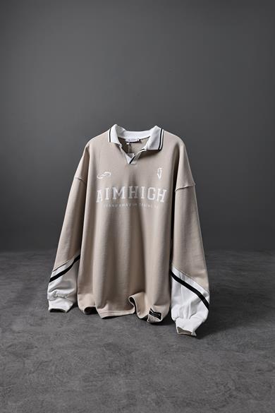 Erkek Bej Aimhigh Baskılı Polo Yaka Oversize Sweatshirt