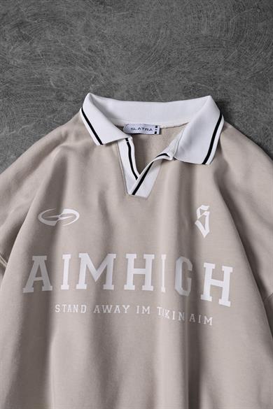 Erkek Bej Aimhigh Baskılı Polo Yaka Oversize Sweatshirt