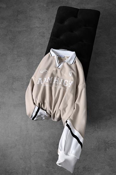 Erkek Bej Aimhigh Baskılı Polo Yaka Oversize Sweatshirt