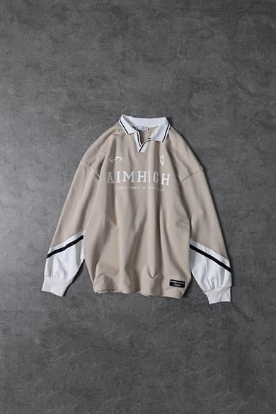 Erkek Bej Aimhigh Baskılı Polo Yaka Oversize Sweatshirt