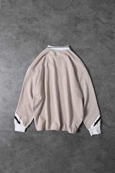 Erkek Bej Aimhigh Baskılı Polo Yaka Oversize Sweatshirt
