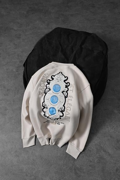 Erkek Bej Antik Motifli Nakış Detay Bisiklet Yaka Oversize Sweatshirt