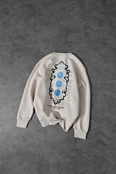 Erkek Bej Antik Motifli Nakış Detay Bisiklet Yaka Oversize Sweatshirt