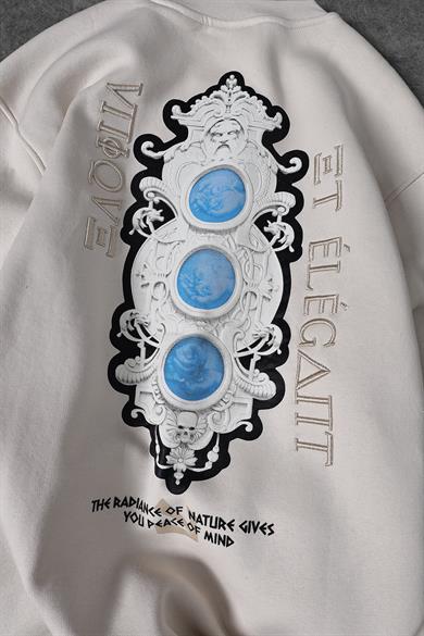 Erkek Bej Antik Motifli Nakış Detay Bisiklet Yaka Oversize Sweatshirt