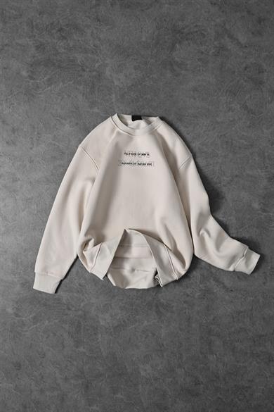Erkek Bej Antik Motifli Nakış Detay Bisiklet Yaka Oversize Sweatshirt