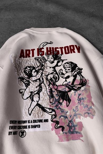 Erkek Bej Art İs History Flok Baskılı Oversize Sweatshirt