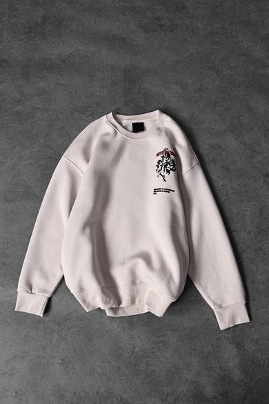 Erkek Bej Art İs History Flok Baskılı Oversize Sweatshirt