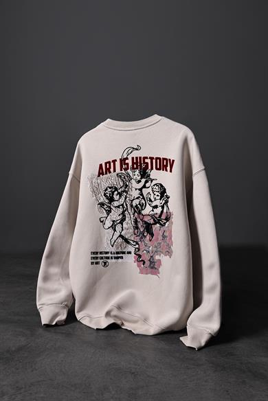 Erkek Bej Art İs History Flok Baskılı Oversize Sweatshirt