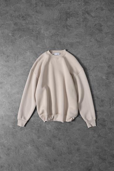 Erkek Bej Basic Bisiklet Yaka Oversize Sweatshirt