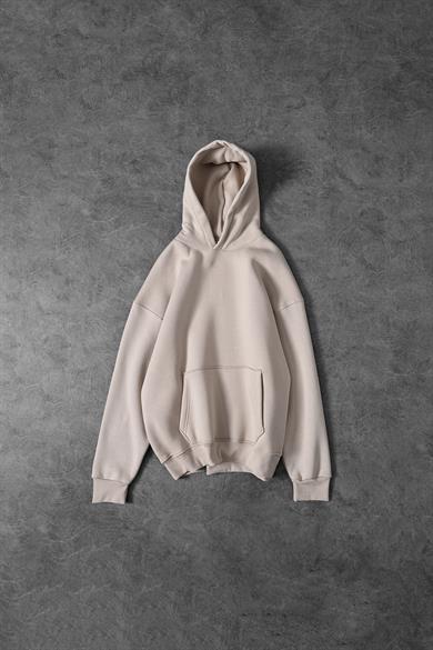 Erkek Bej Basic Kapüşonlu Oversize Sweatshirt