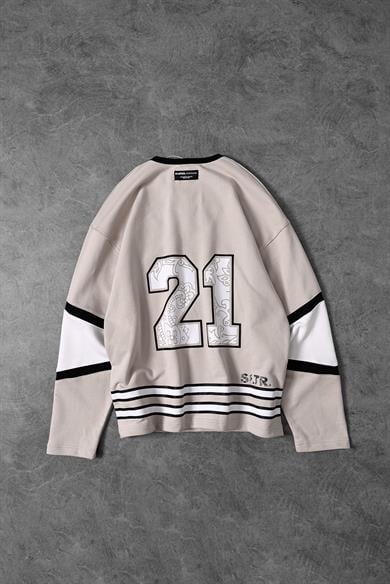 Erkek Bej Baskılı 21 Polo Yaka Oversize Forma Sweatshirt