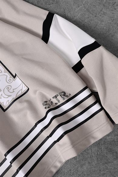 Erkek Bej Baskılı 21 Polo Yaka Oversize Forma Sweatshirt
