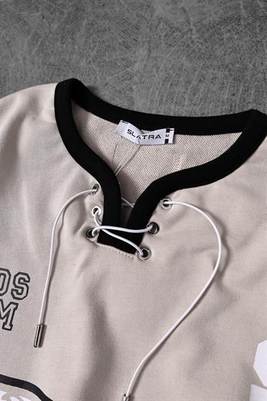 Erkek Bej Baskılı 21 Polo Yaka Oversize Forma Sweatshirt
