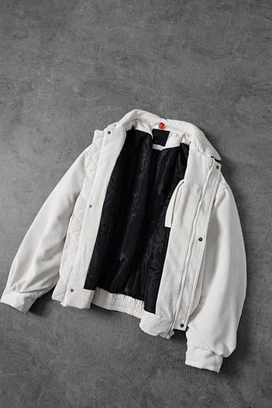 Erkek Bej Bomber Fermuarlı Astarlı Kadife Ceket