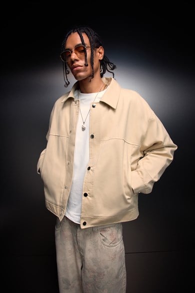 Erkek Bej Boxy Fit Gabardin Ceket