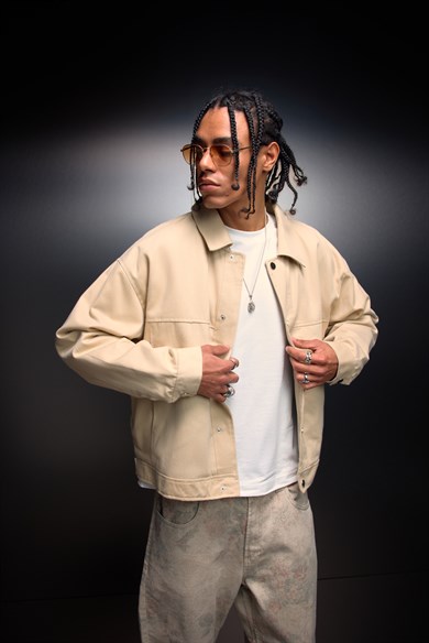 Erkek Bej Boxy Fit Gabardin Ceket