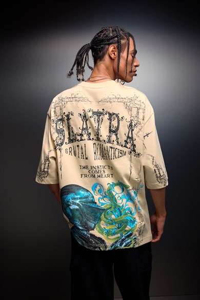 Erkek Bej Brutal Romaticism Baskılı Oversize Tshirt