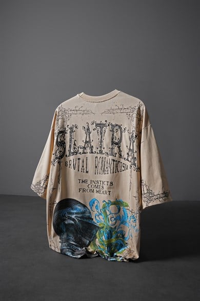 Erkek Bej Brutal Romaticism Baskılı Oversize Tshirt