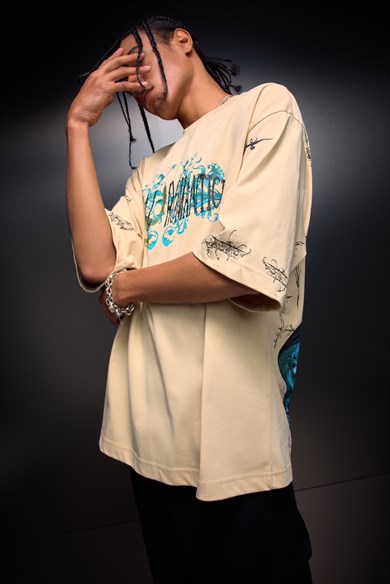 Erkek Bej Brutal Romaticism Baskılı Oversize Tshirt