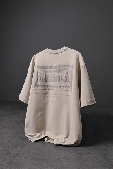 Erkek Bej Da Vinci Kabartma Baskılı Oversize Tshirt