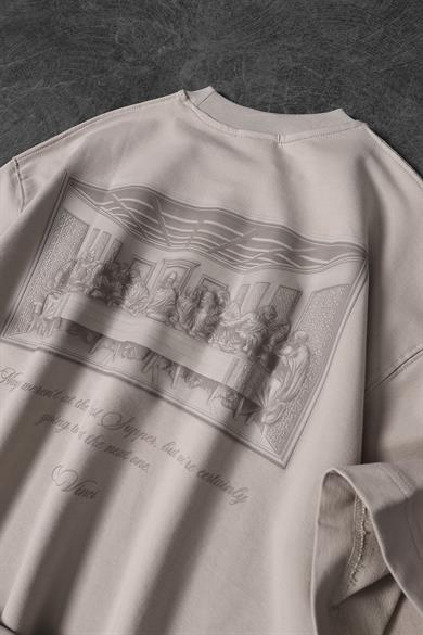 Erkek Bej Da Vinci Kabartma Baskılı Oversize Tshirt