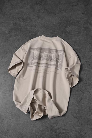 Erkek Bej Da Vinci Kabartma Baskılı Oversize Tshirt