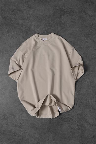 Erkek Bej Da Vinci Kabartma Baskılı Oversize Tshirt