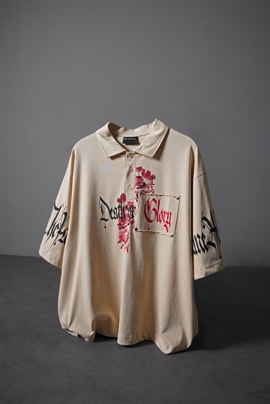 Erkek Bej Death or Glory Patchli Box Fit Polo Yaka Tshirt