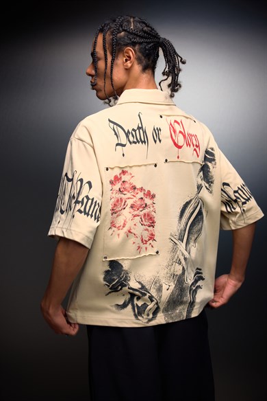 Erkek Bej Death or Glory Patchli Box Fit Polo Yaka Tshirt