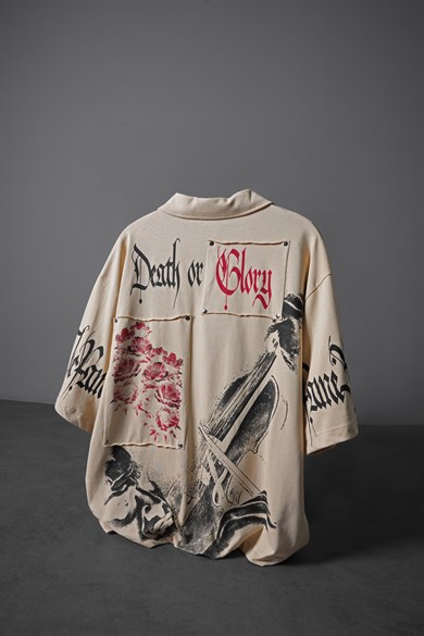 Erkek Bej Death or Glory Patchli Box Fit Polo Yaka Tshirt