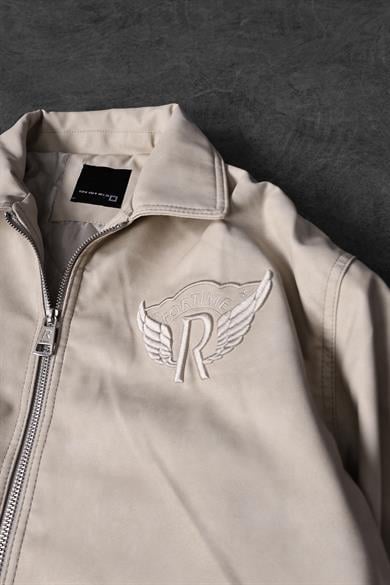 Erkek Bej Fortime Nakışlı Astarlı Deri Ceket