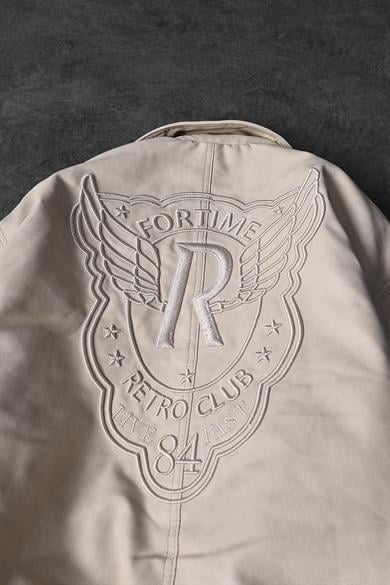 Erkek Bej Fortime Nakışlı Astarlı Deri Ceket