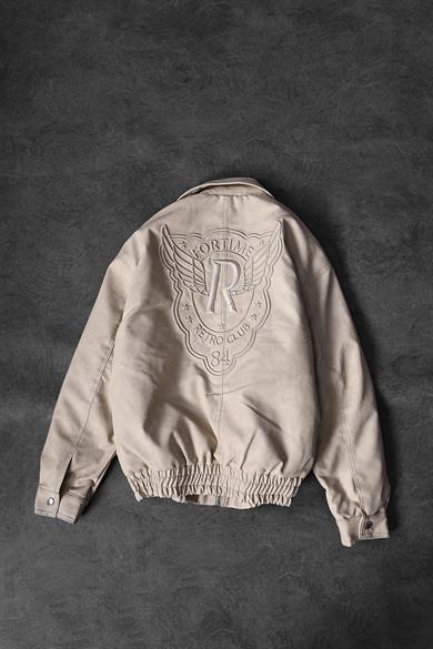 Erkek Bej Fortime Nakışlı Astarlı Deri Ceket