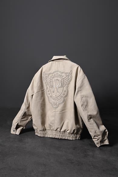 Erkek Bej Fortime Nakışlı Astarlı Deri Ceket