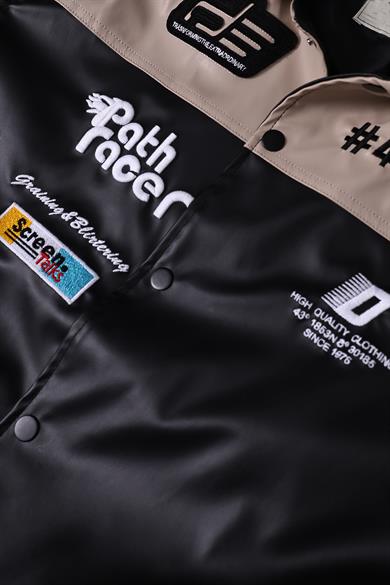 Erkek Bej Garnili Racing Biker Nakışlı Astarlı Deri Ceket